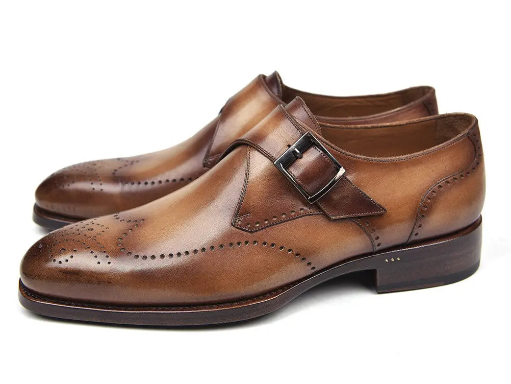 Paul Parkman Men's Brown/Camel Hand-Painted Wingtip Single Monk strap Shoes (ID#98F54-BRW) PAUL PARKMAN