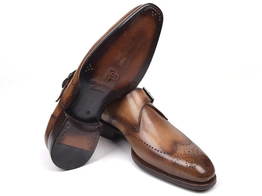 Paul Parkman Men's Brown/Camel Hand-Painted Wingtip Single Monk strap Shoes (ID#98F54-BRW) PAUL PARKMAN
