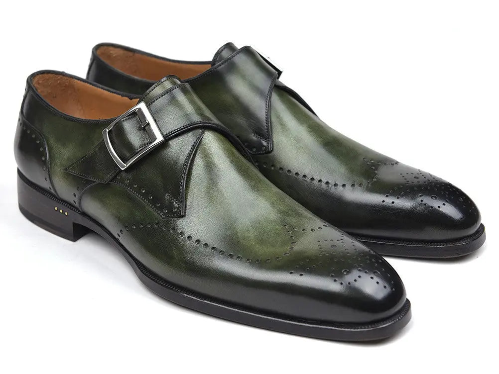Paul Parkman Men's Green Hand-Painted Wingtip Single Monk strap Shoes (ID#98F54-GRN) PAUL PARKMAN