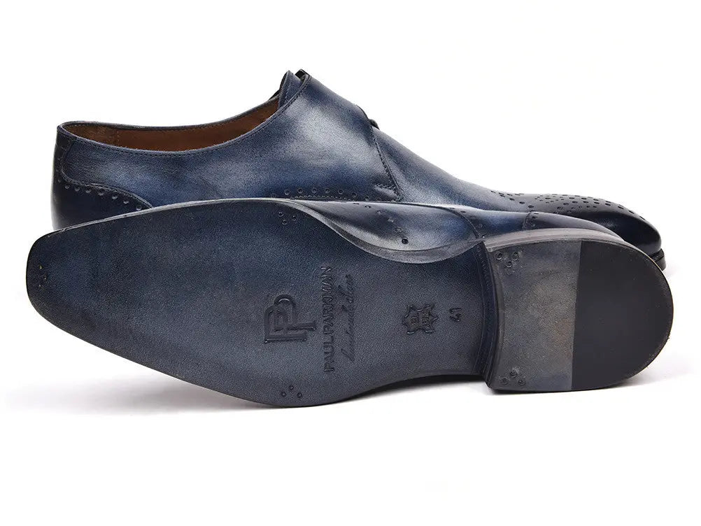 Paul Parkman Men's Navy Hand-Painted Wingtip Single Monk strap Shoes (ID#98F54-NVY) PAUL PARKMAN
