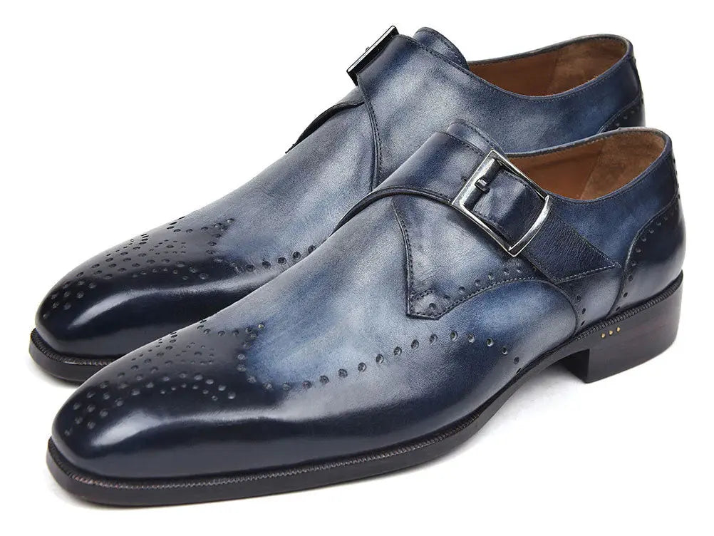 Paul Parkman Men's Navy Hand-Painted Wingtip Single Monk strap Shoes (ID#98F54-NVY) PAUL PARKMAN