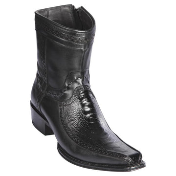 Los Altos 76BF0505 Men's Black Genuine Ostrich Leg & Deer European Square Toe Cowboy Boots