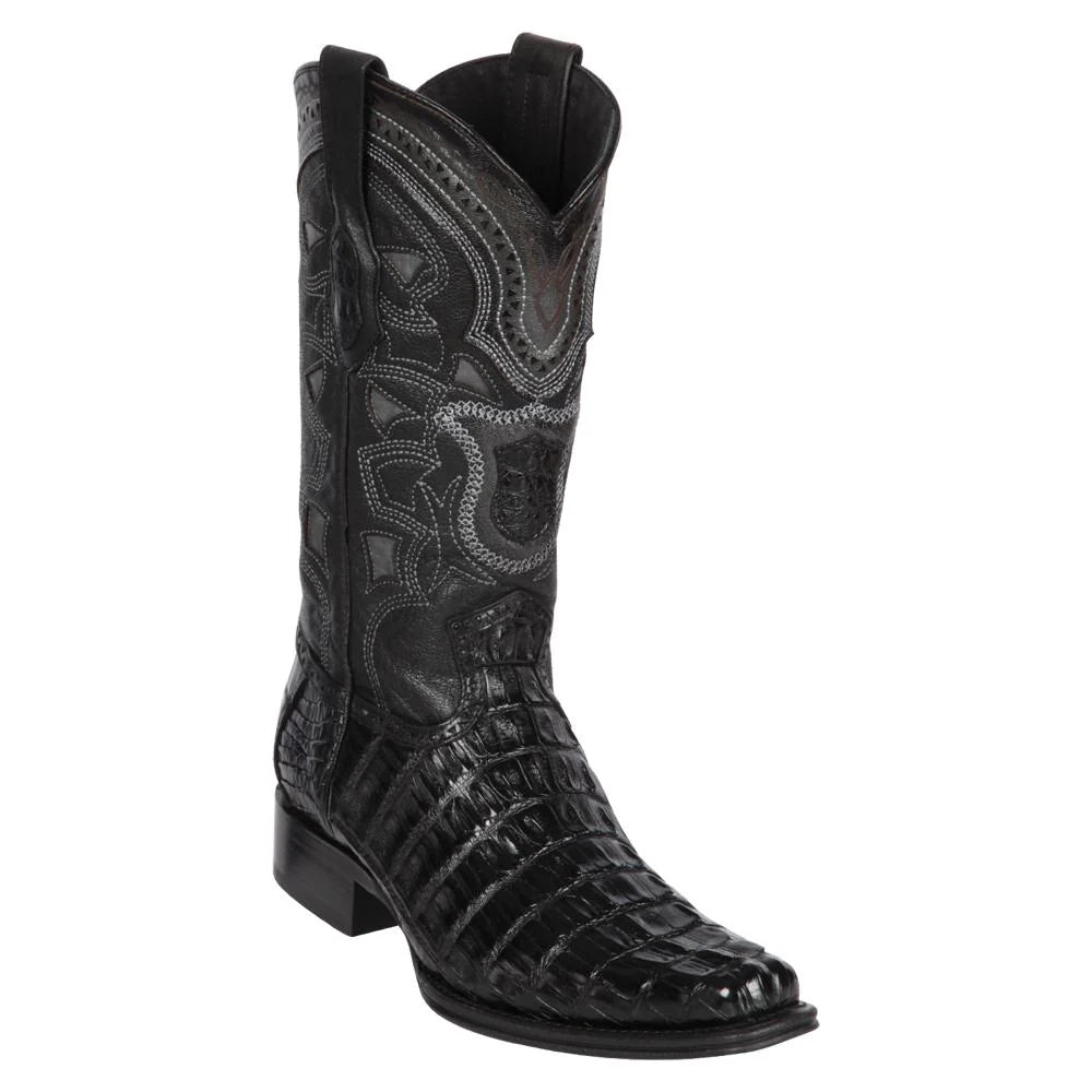 Los Altos 760105 Men's Black Genuine Caiman Tail European Square Toe Cowboy Boots