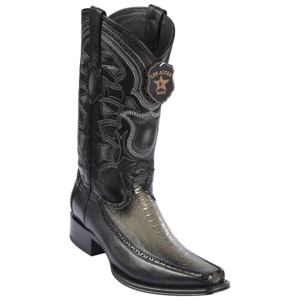 Los Altos 76F0538 Men's Faded Gray Genuine Ostrich Leg & Deer European Square Toe Cowboy Boots