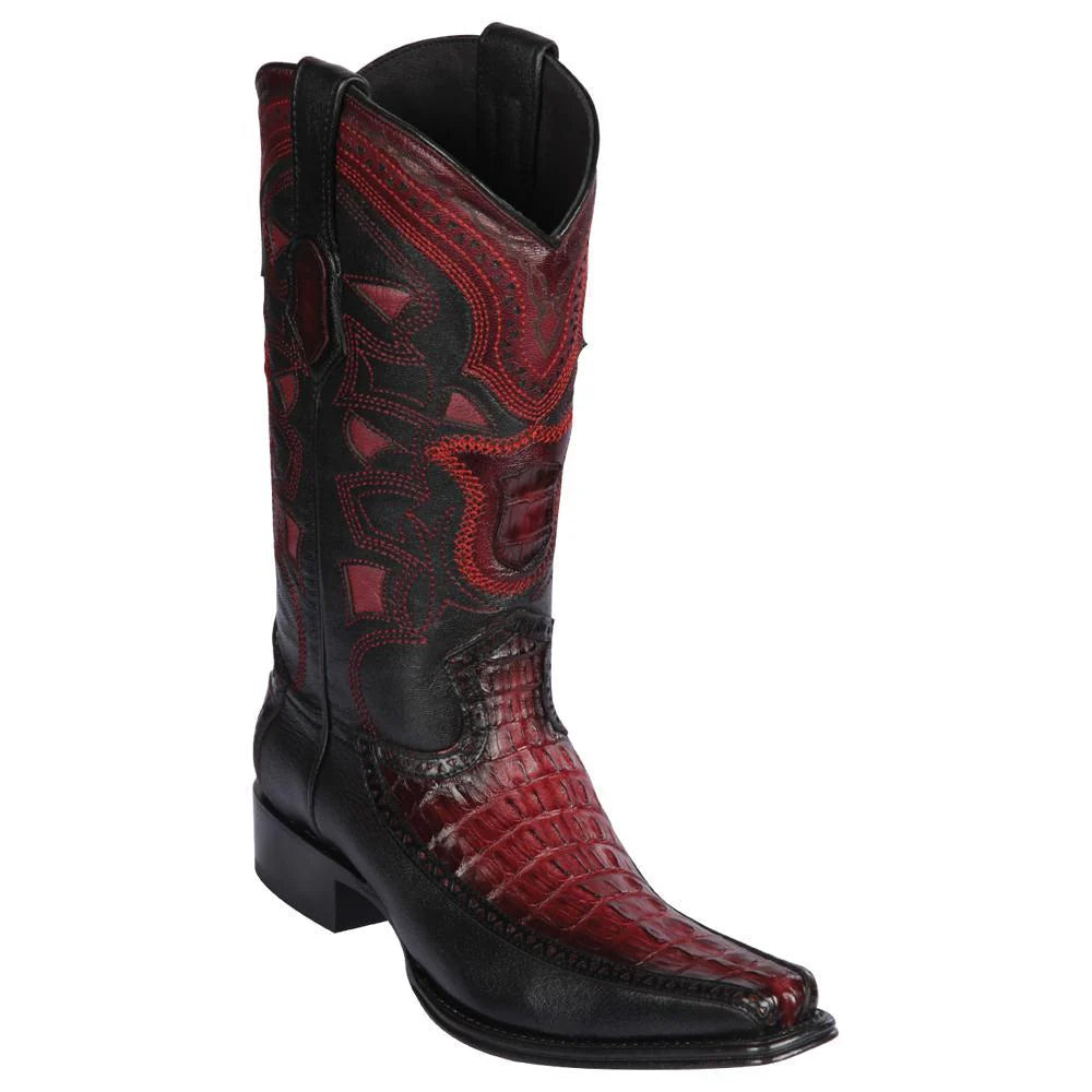 Los Altos 76F0143 Men's Faded Burgundy Genuine Caiman Tail & Deer European Square Toe Cowboy Boots