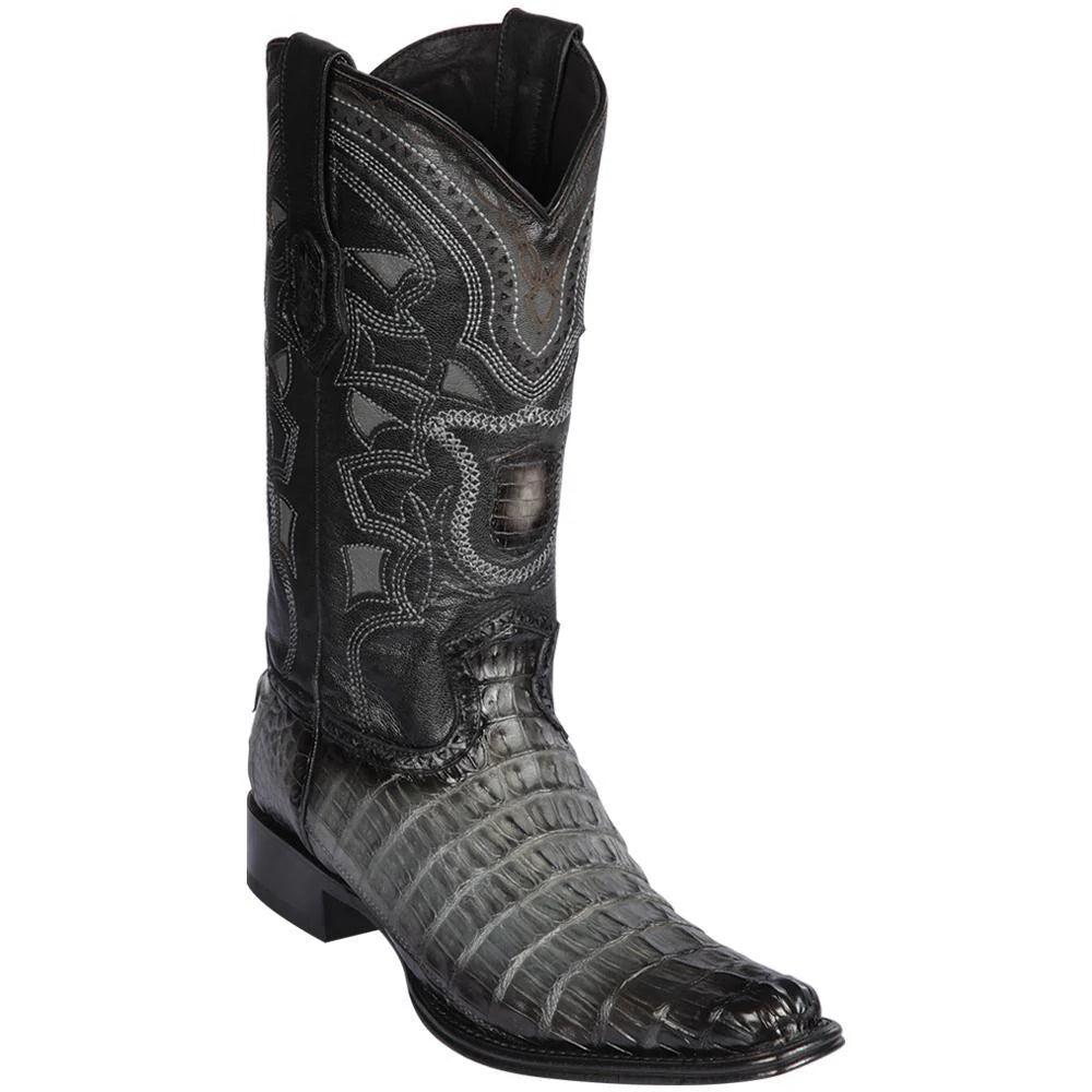 Los Altos 760138 Men's Faded Gray Genuine Caiman Tail European Square Toe Cowboy Boots