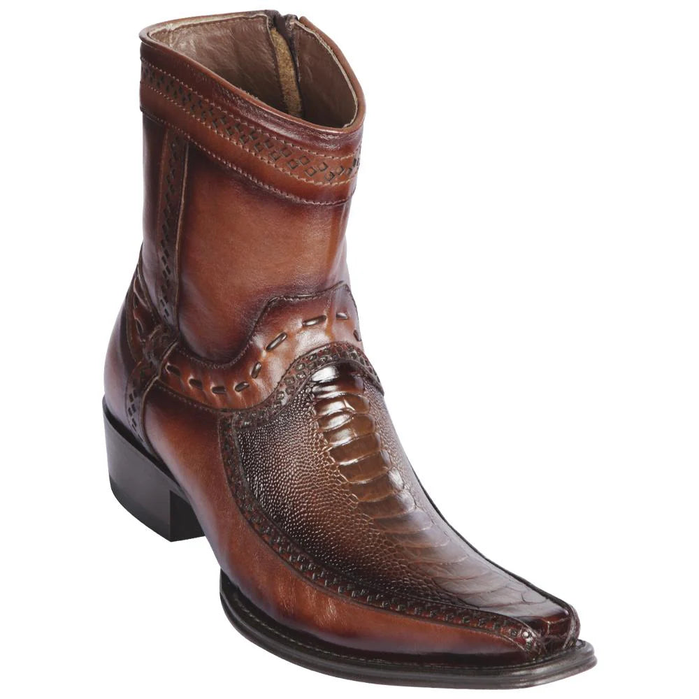 Los Altos 76BF0516 Men's Faded Brown Genuine Ostrich Leg & Deer European Square Toe Cowboy Boots