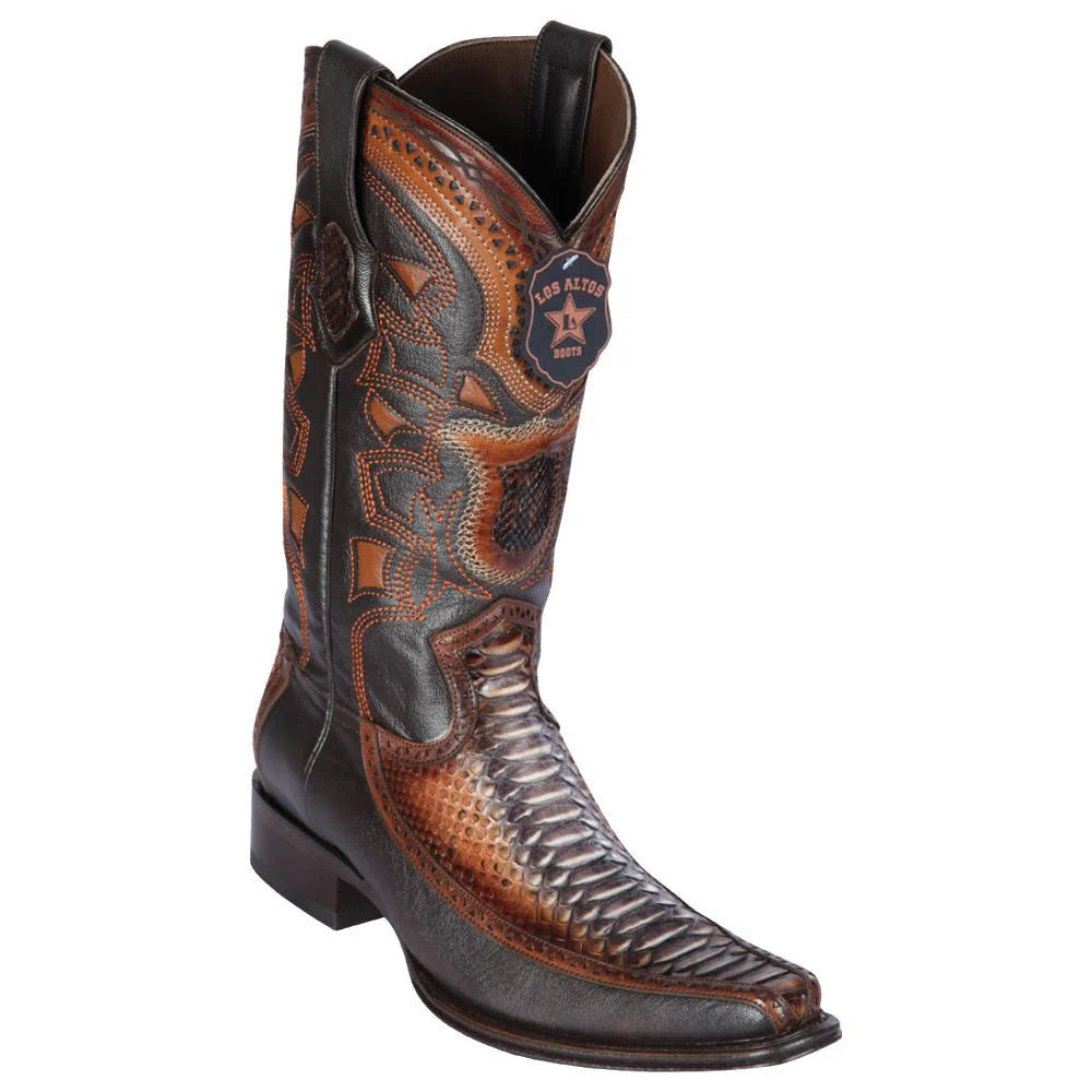 Los Altos 76F5788 Men's Rustic Cognac Genuine Python & Deer European Square Toe Cowboy Boots