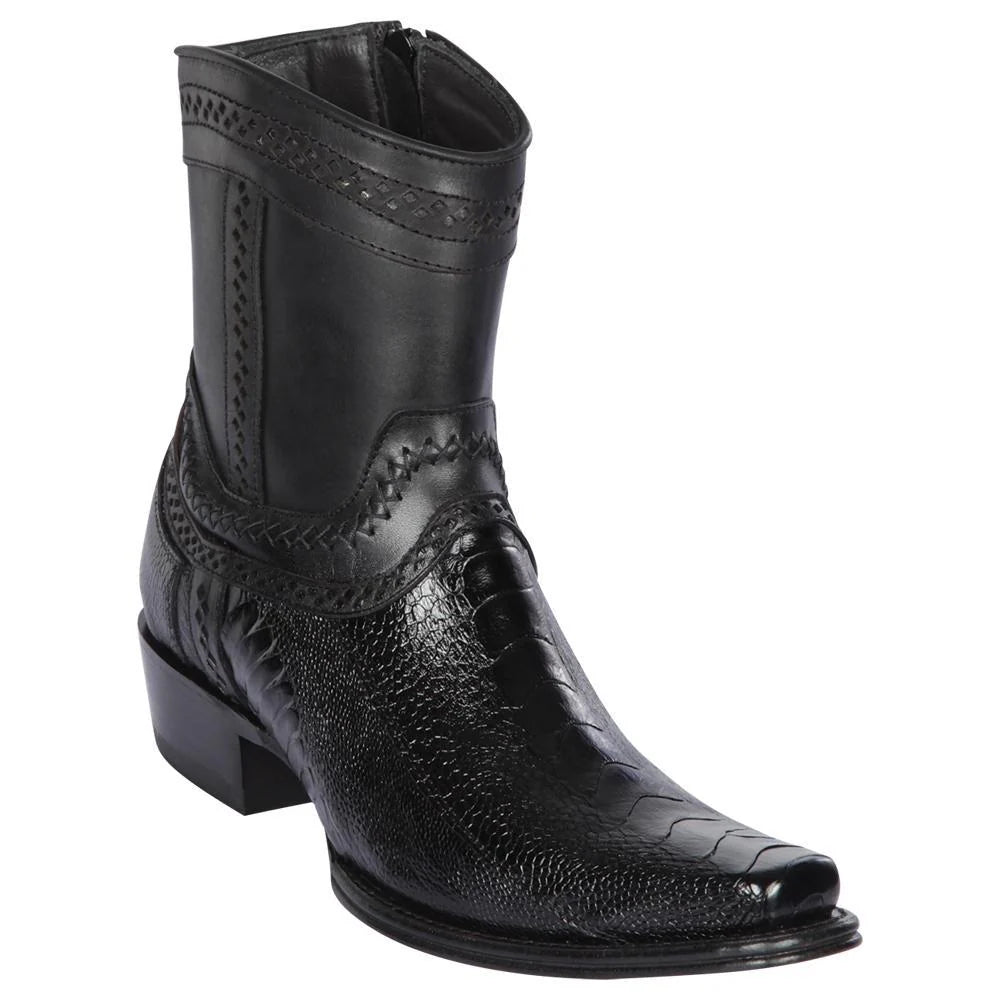 Los Altos 76B0505 Men's Black Genuine Ostrich Leg European Square Toe Cowboy Boots