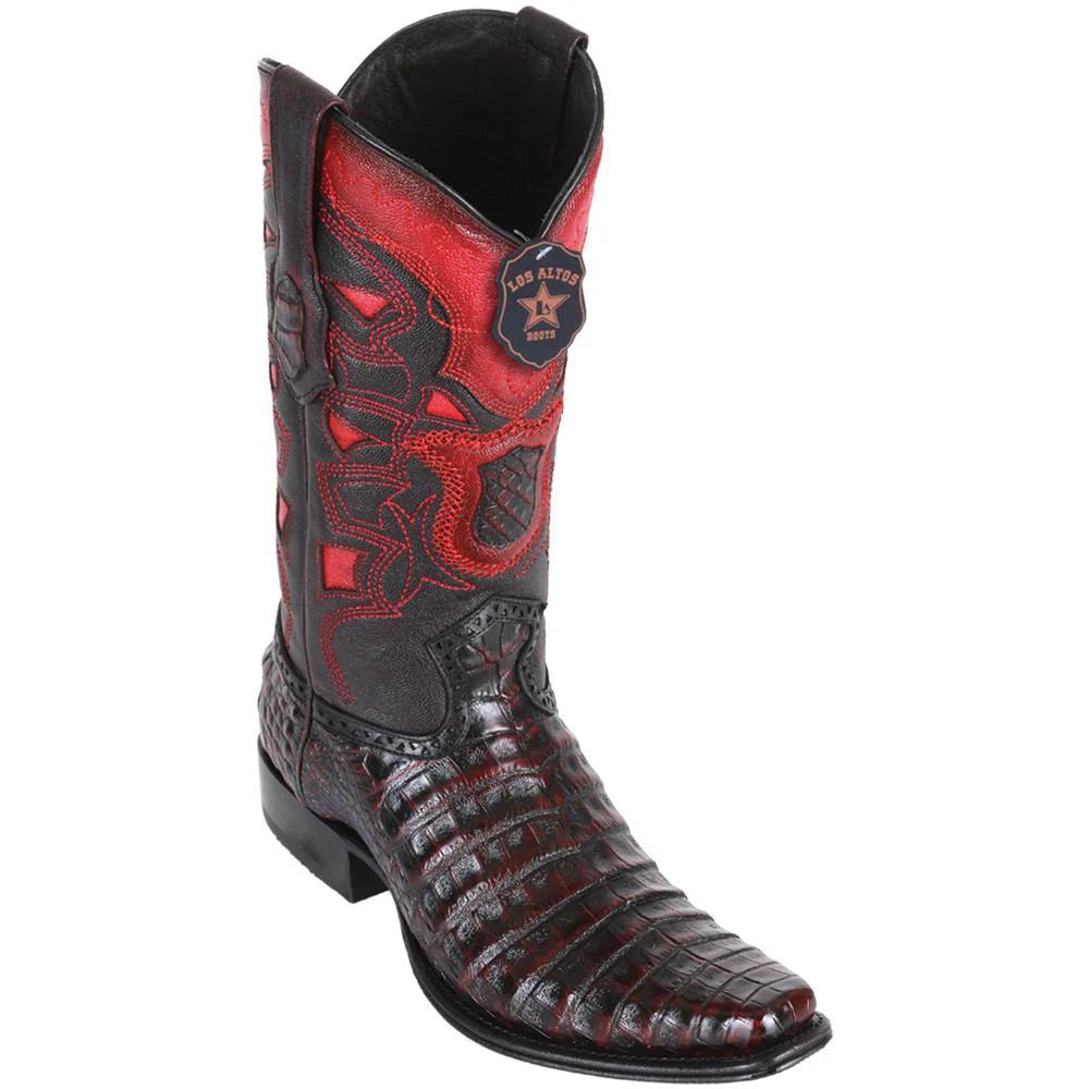 Los Altos 768218 Men's Faded Cherry Genuine Caiman Belly European Square Toe Cowboy Boots