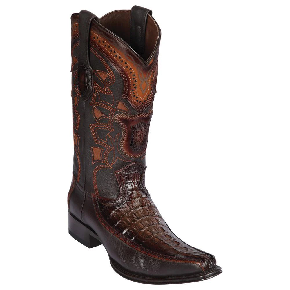 Los Altos 76F0116 Men's Faded Brown Genuine Caiman Tail & Deer European Square Toe Cowboy Boots