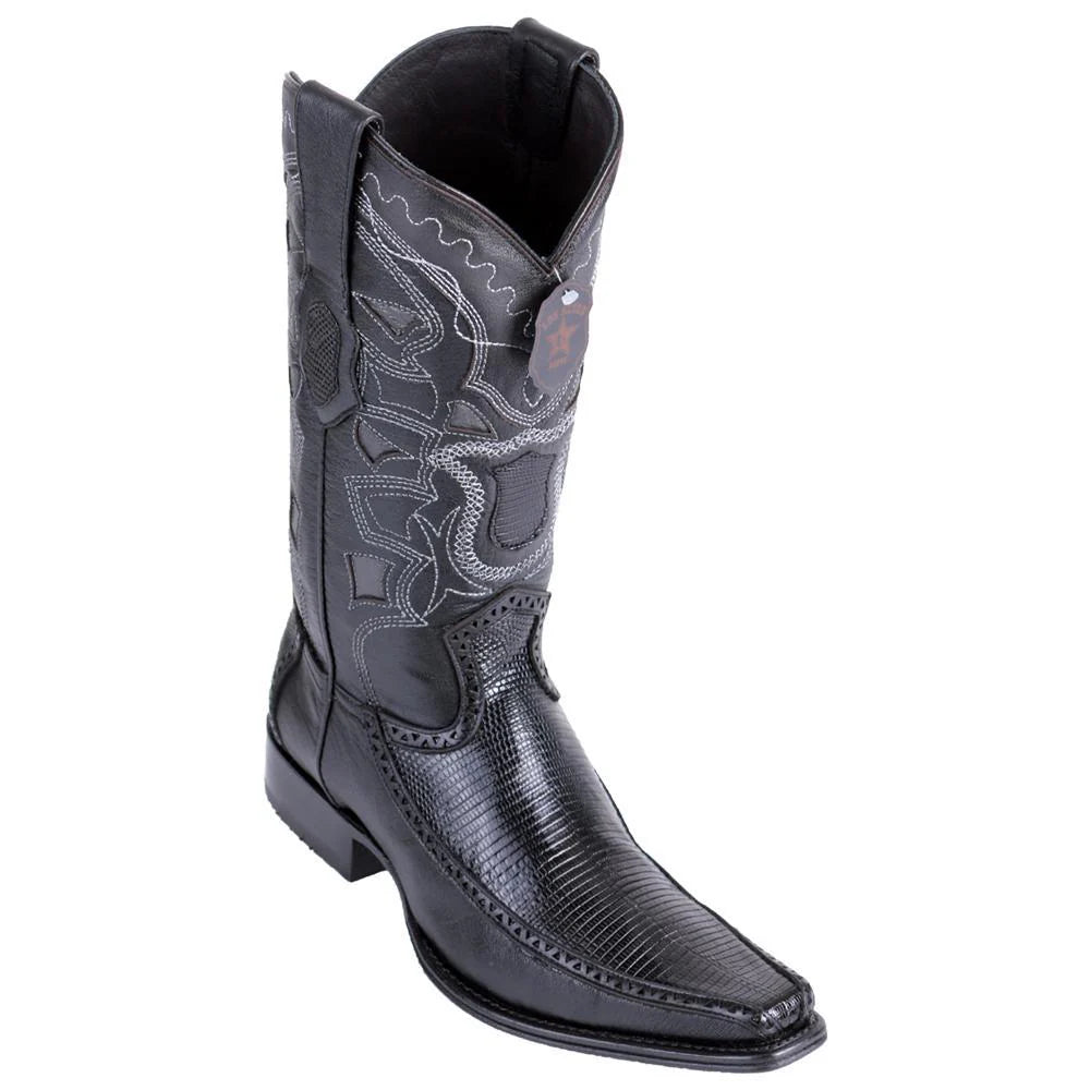 Los Altos 76F0605 Men's Black Genuine Ring Lizard & Deer European Square Toe Cowboy Boots