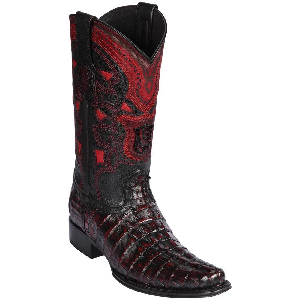 Los Altos 760118 Men's Faded Cherry Genuine Caiman Tail European Square Toe Cowboy Boots