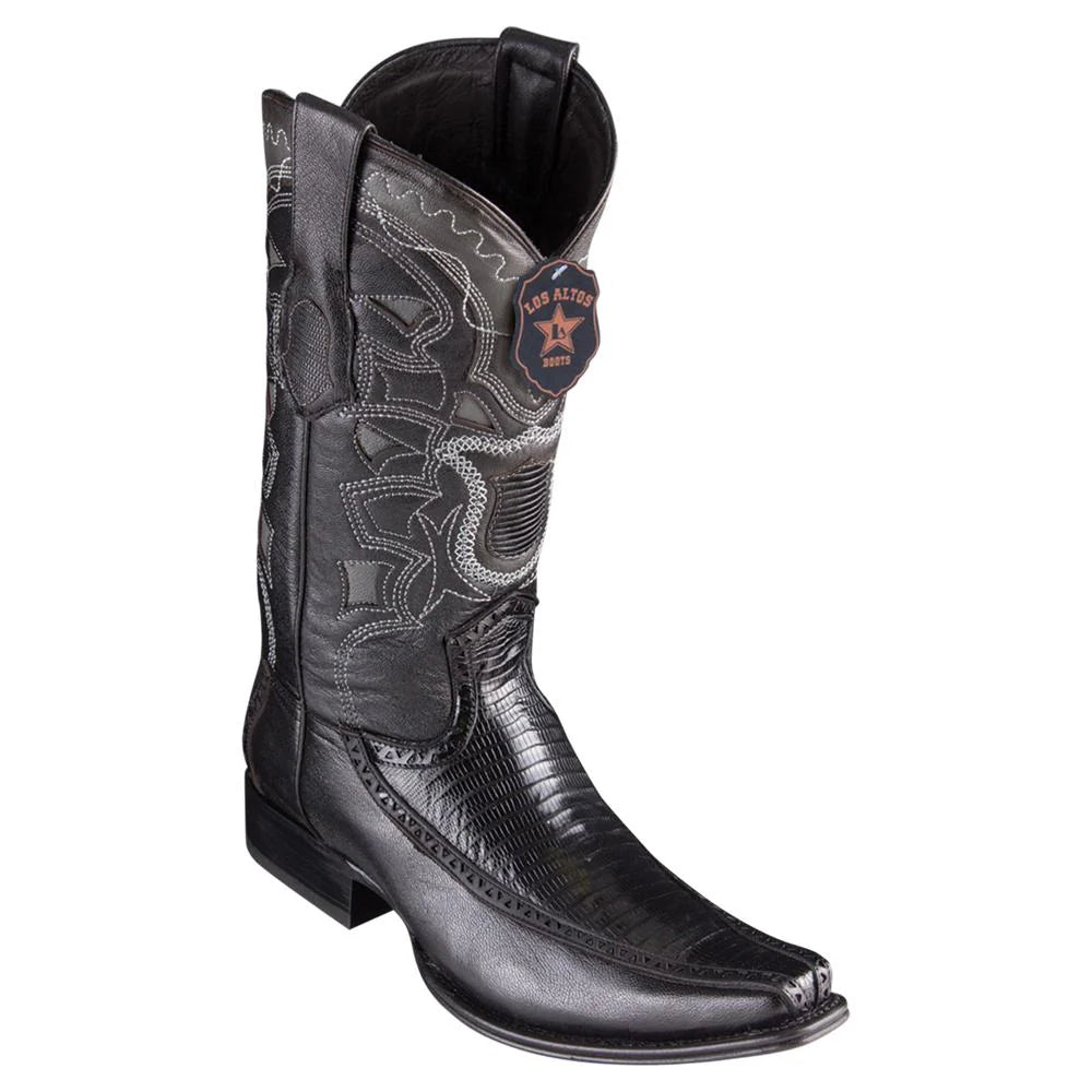 Los Altos 76F0705 Men's Black Genuine Teju & Deer European Square Toe Cowboy Boots