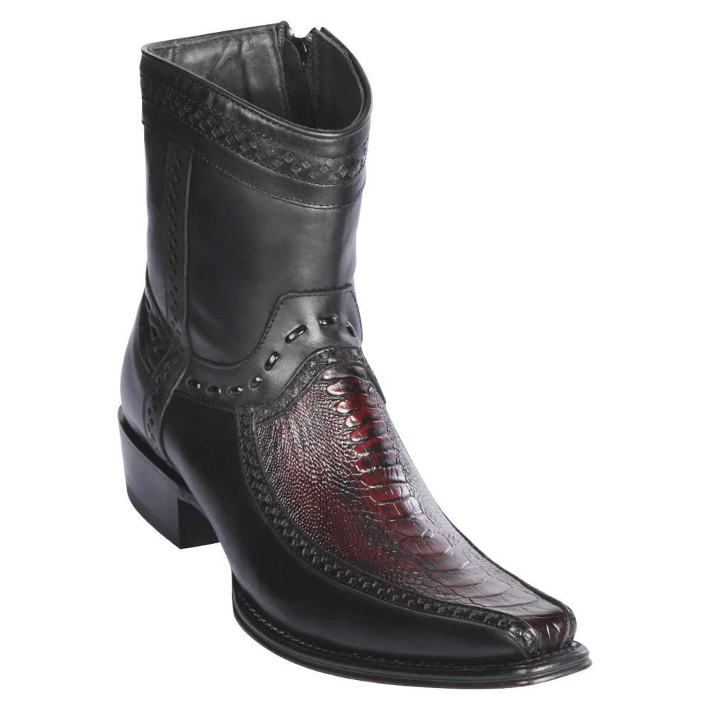 Los Altos 76BF0518 Men's Black Cherry Genuine Ostrich Leg & Deer European Square Toe Cowboy Boots