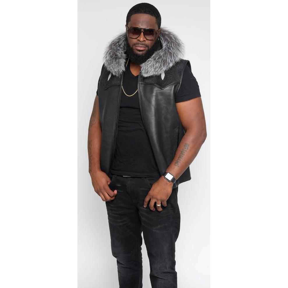 Jakewood 910H Genuine Stingray/Lambskin Vest With Silver Fox Hood