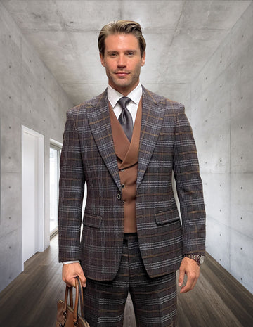 Statement Amalfi Brown Plaid Super 200's Italian Wool / Cashmere Vested Suit