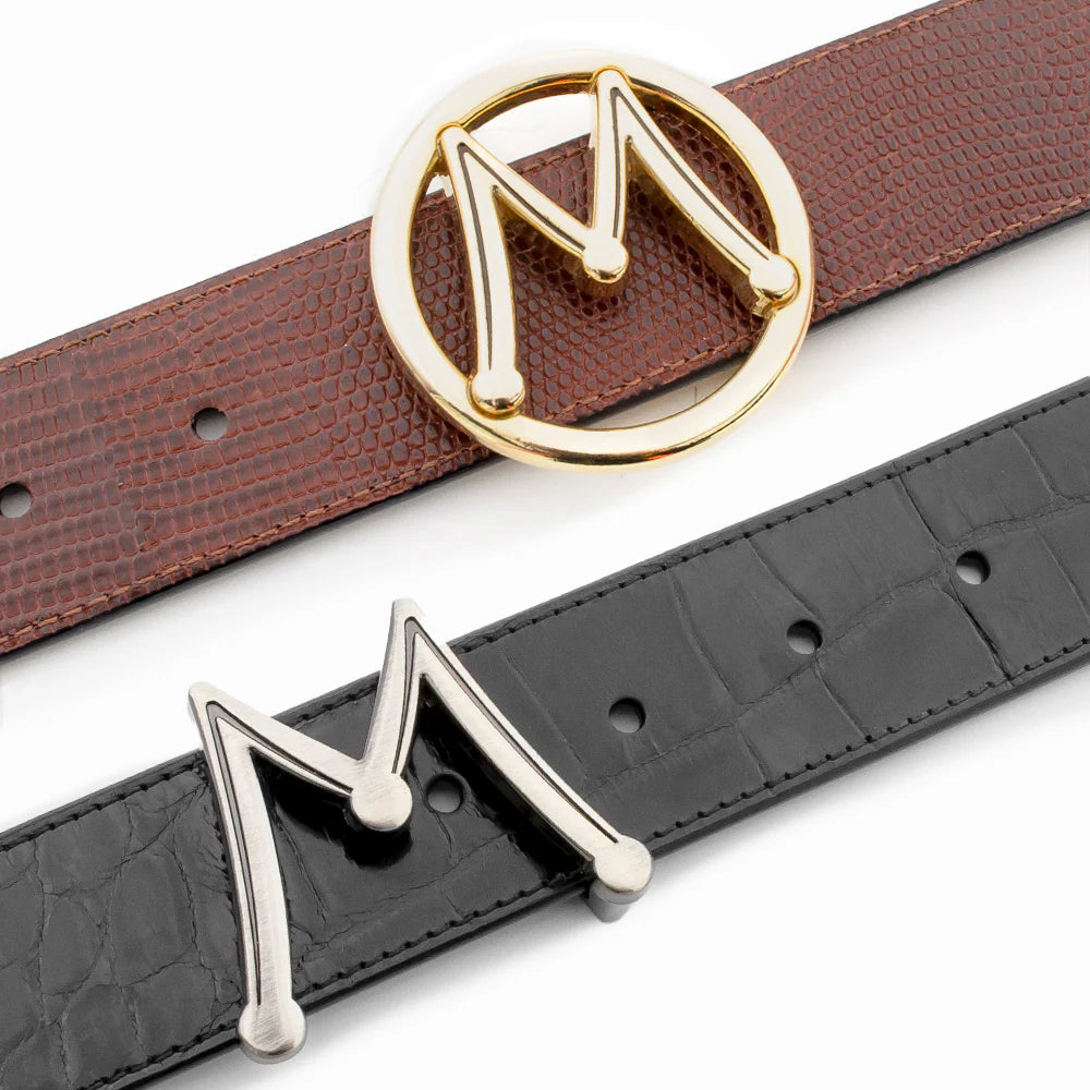 Mezlan AO11533 Black/Cognac Alligator/Lizard Reversible Exotic Strap/Interchangeable Dual Buckles Belt