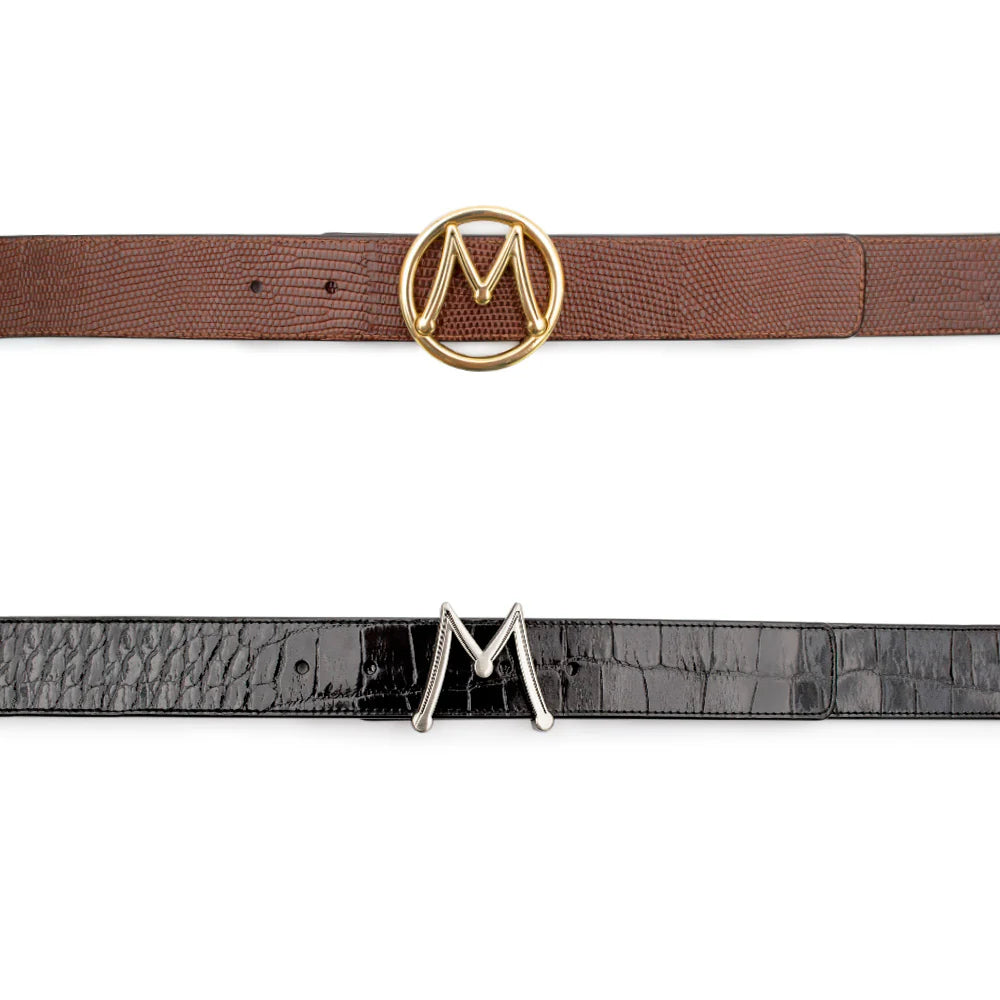 Mezlan AO11533 Black/Cognac Alligator/Lizard Reversible Exotic Strap/Interchangeable Dual Buckles Belt