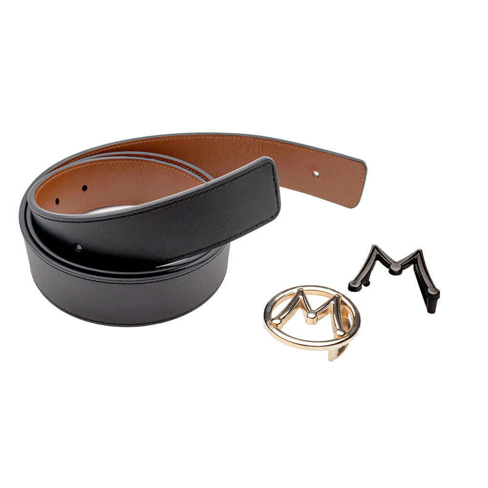 Mezlan AO11534 Black/Cognac Alligator/Lizard Reversible Italian Calfskin Strap/Interchangeable Dual Buckles Belt