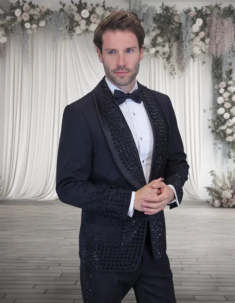 Statement Award Black Rhinestone Vested Tuxedo