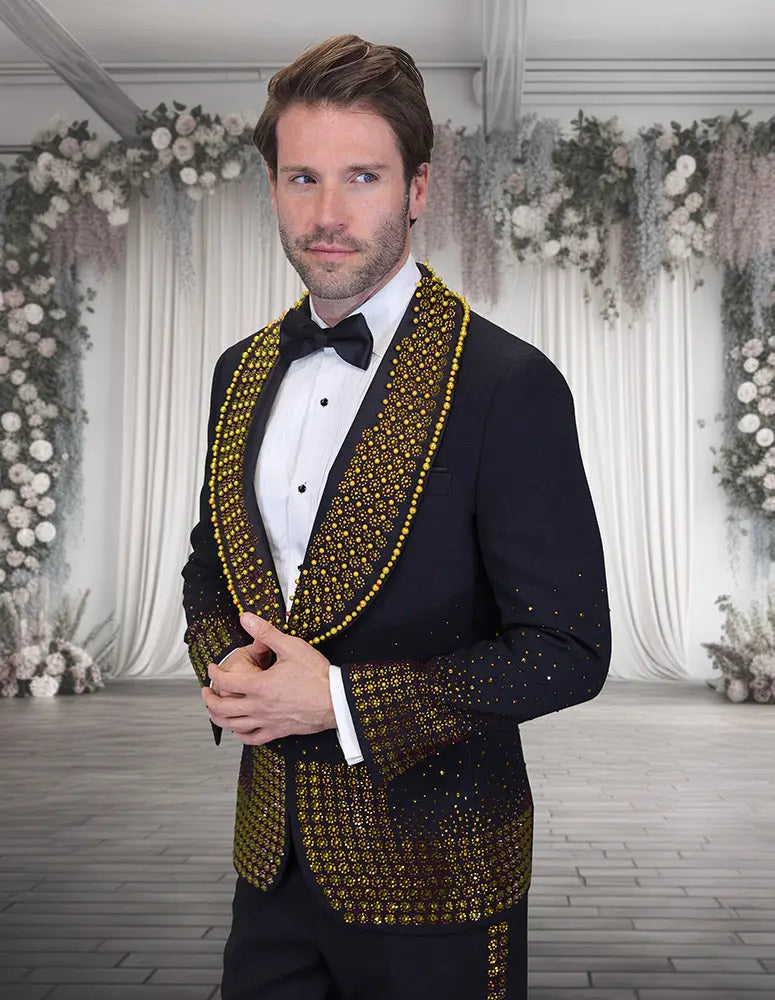 Statement Award Black/Gold Rhinestone Vested Tuxedo