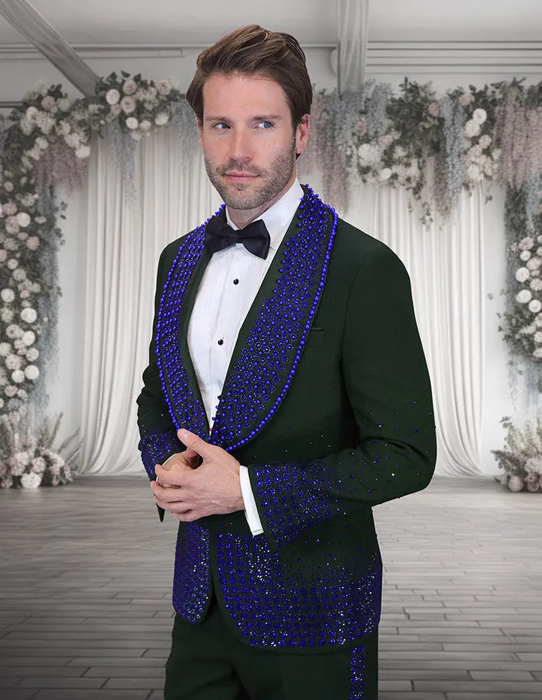 Statement Award Black/Royal Rhinestone Vested Tuxedo Suit Essence