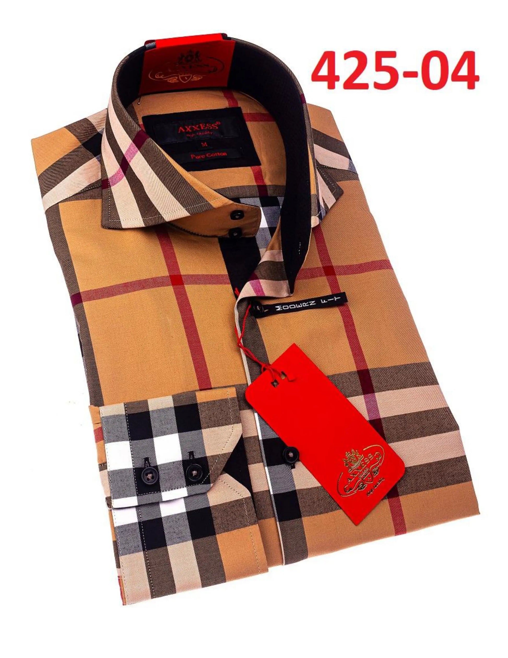 Axxess 425-04 Tan/Red/Black/White Plaid Cotton Casual Dress Shirt