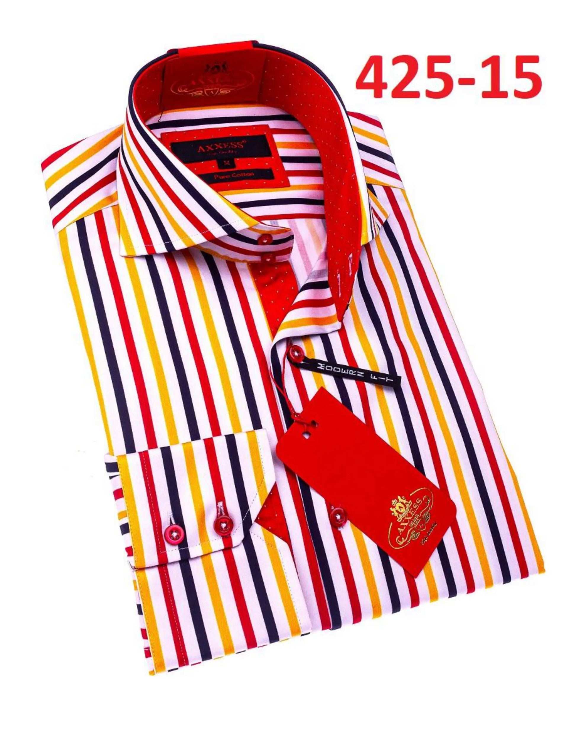 Axxess 425-15 White/Red/Black/Gold Stripes Cotton Casual Dress Shirt