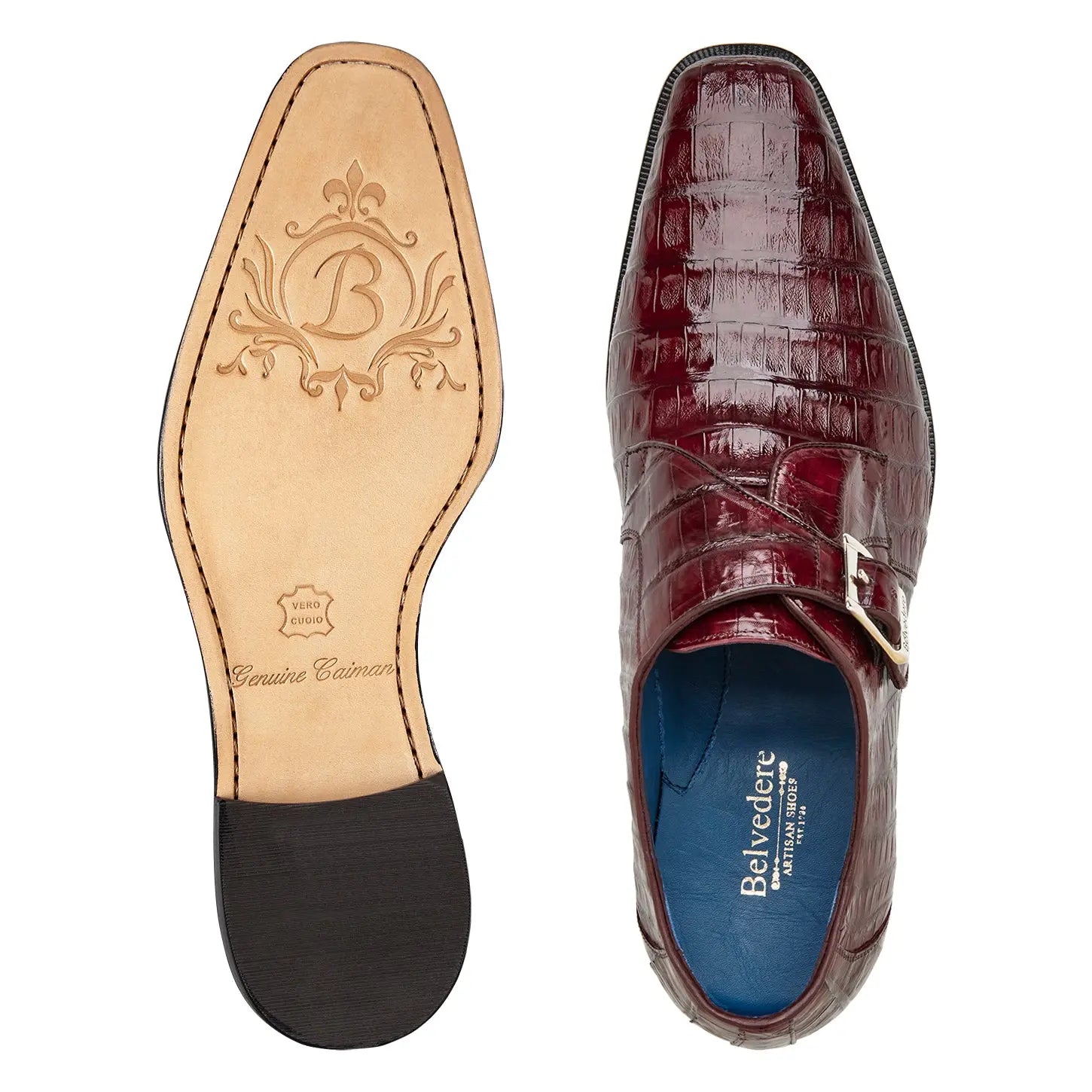 Belvedere Angelo R99 Dark Burgundy Genuine Caiman Crocodile Monk Straps Shoes