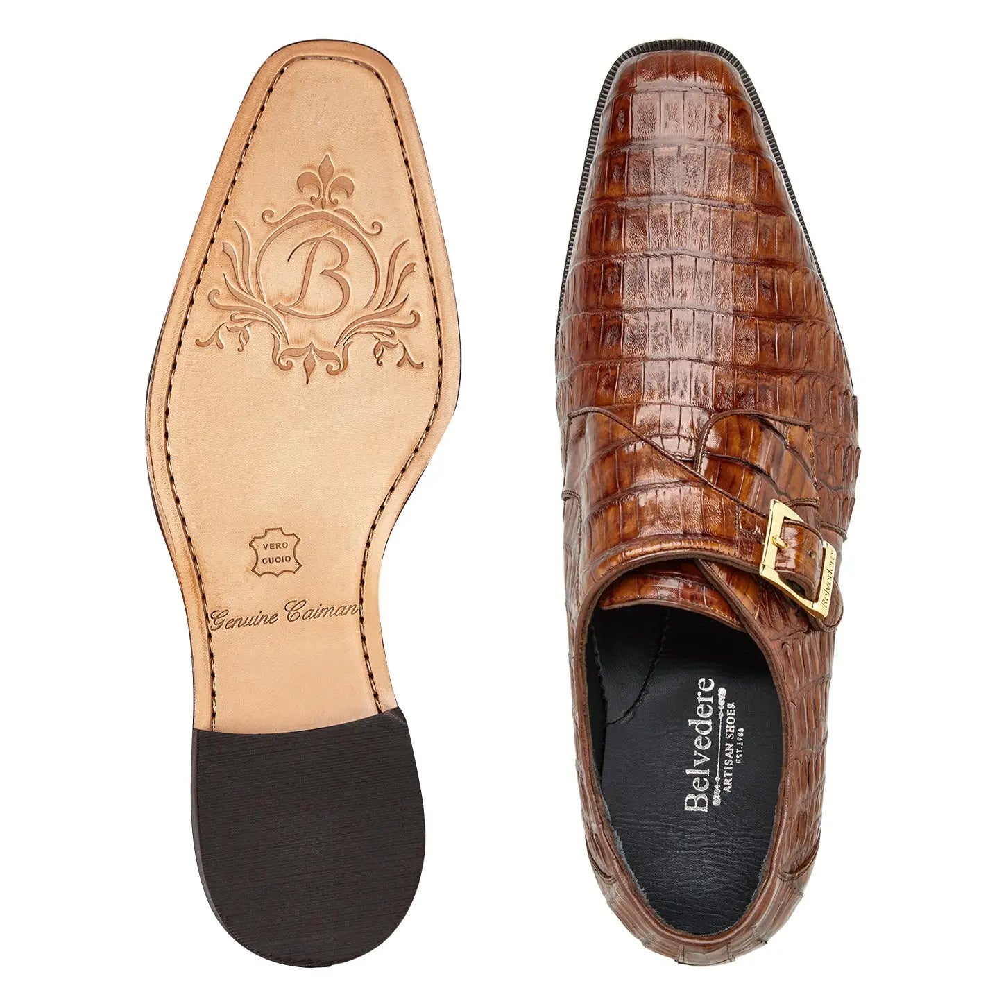 Belvedere Angelo R99 Walnut Genuine Caiman Crocodile Monk Straps Shoes