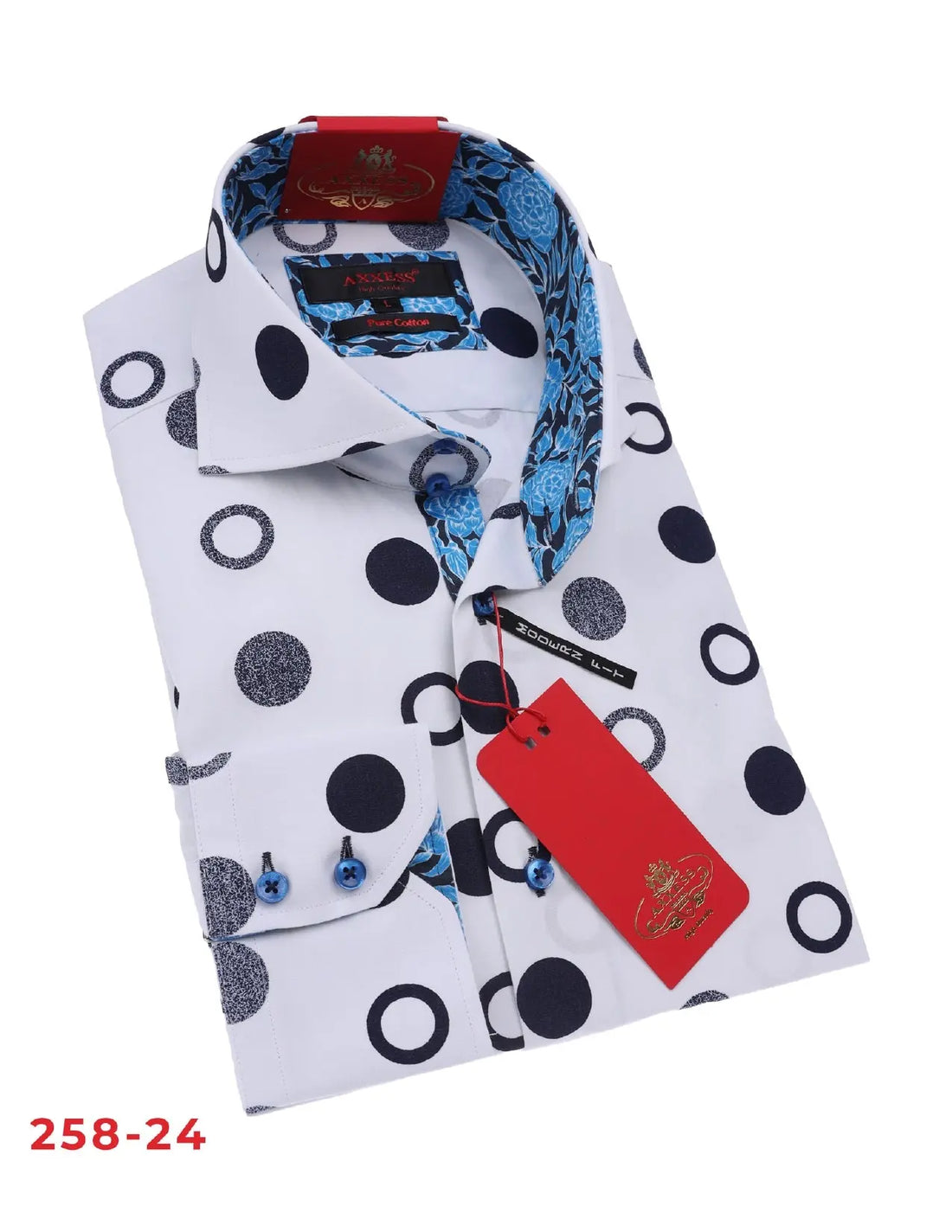 Axxess 258-24 White/Black Polka Dots Cotton Casual Dress Shirt