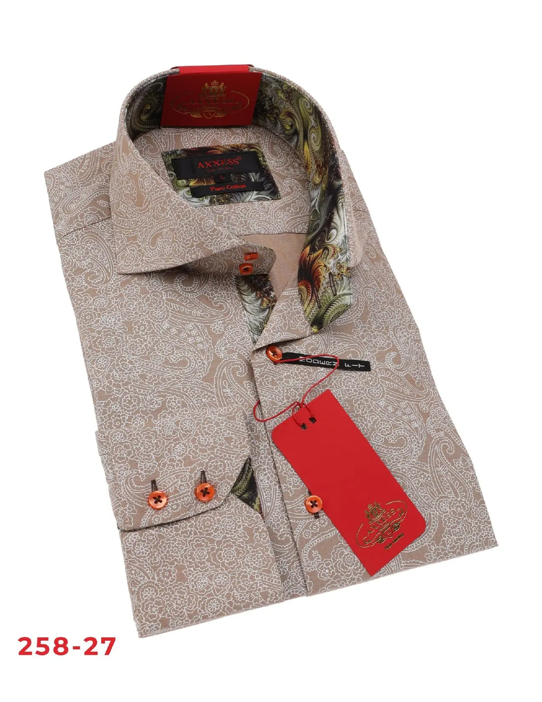 Axxess 258-27 Taupe Paisley Cotton Casual Dress Shirt