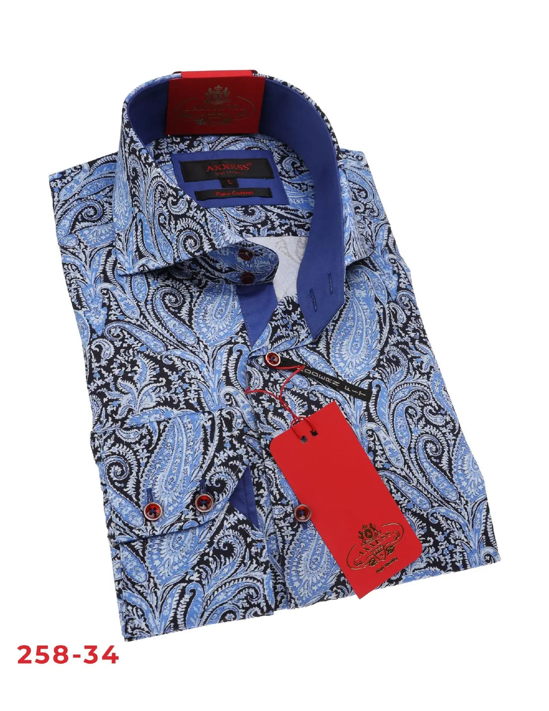 Axxess 258-34 Sky Blue/Navy Paisley Cotton Casual Dress Shirt