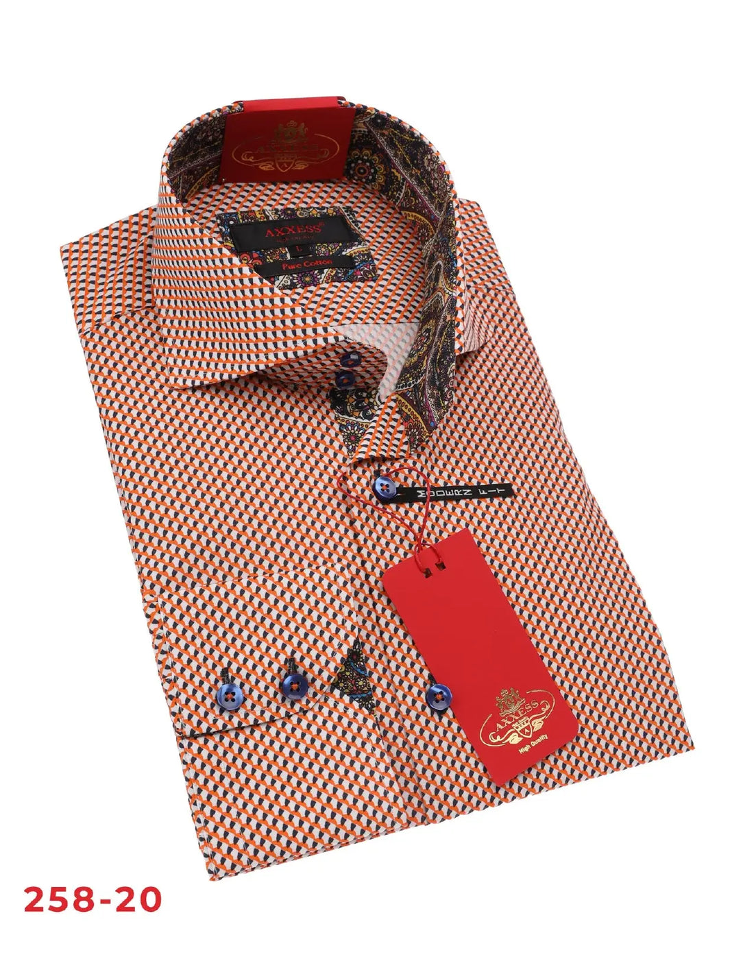 Axxess 258-20 Orange/White/Black Cotton Casual Dress Shirt