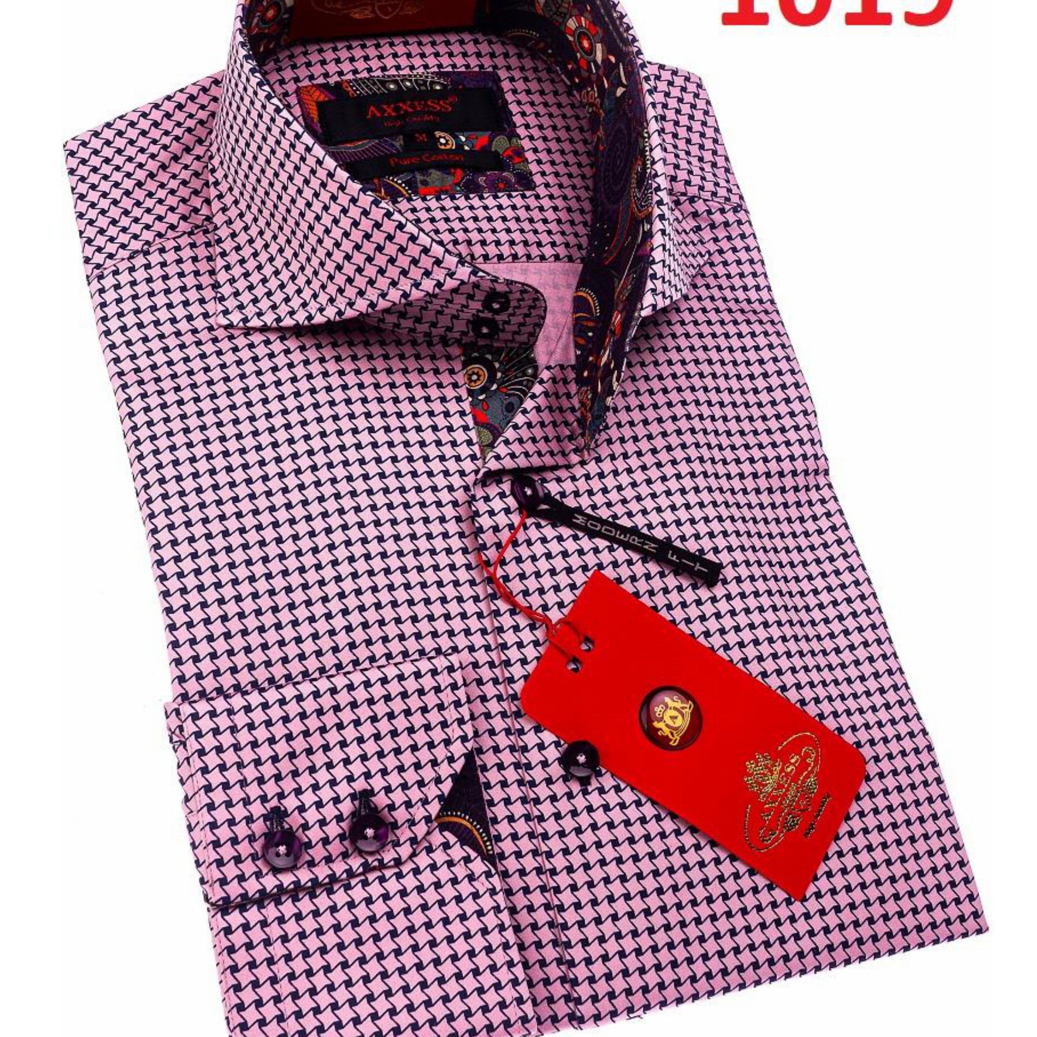 Axxess 1019 Pink Houndstooth Cotton Casual Dress Shirt