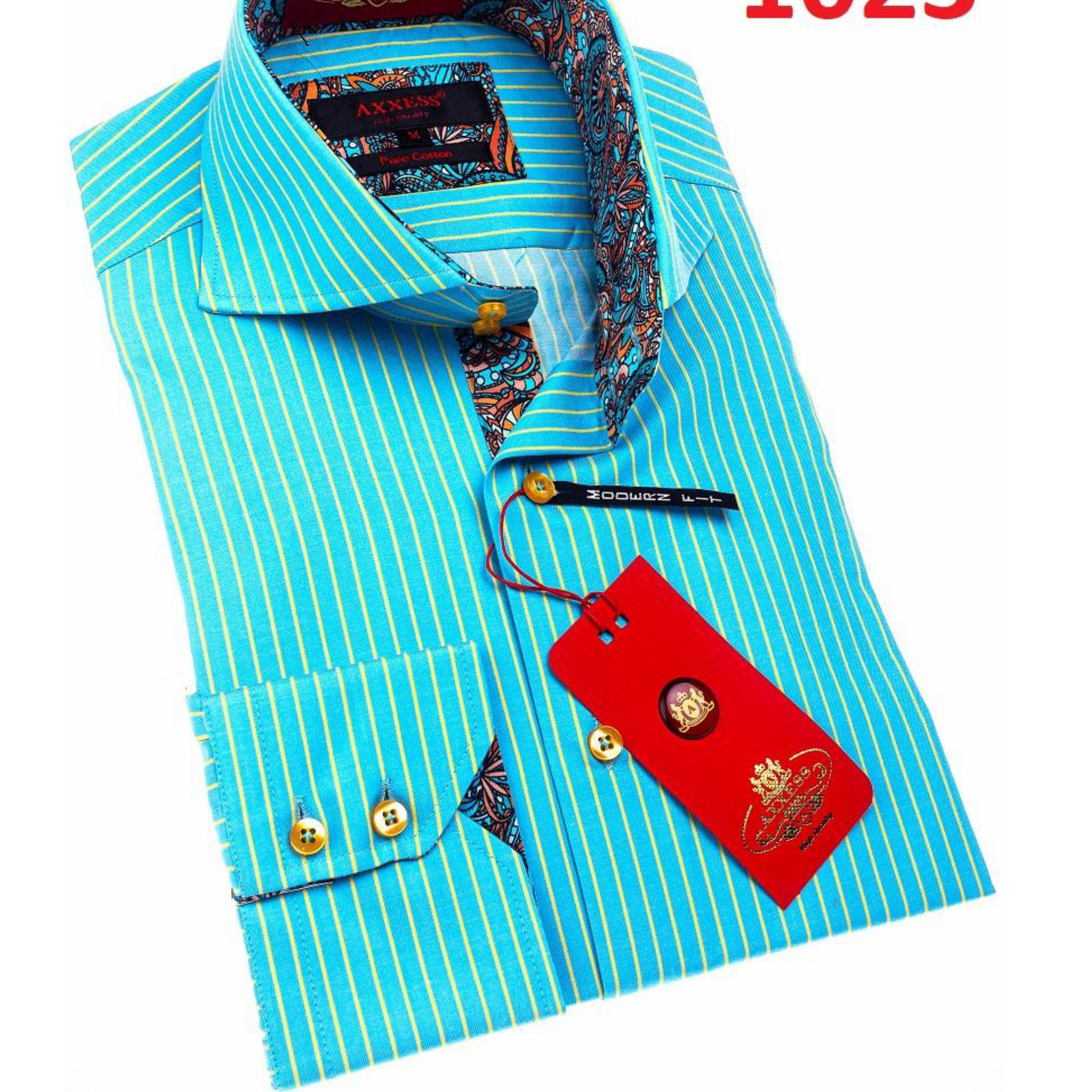 Axxess 1023 Turquoise/Yellow Pinstripe Cotton Casual Dress Shirt