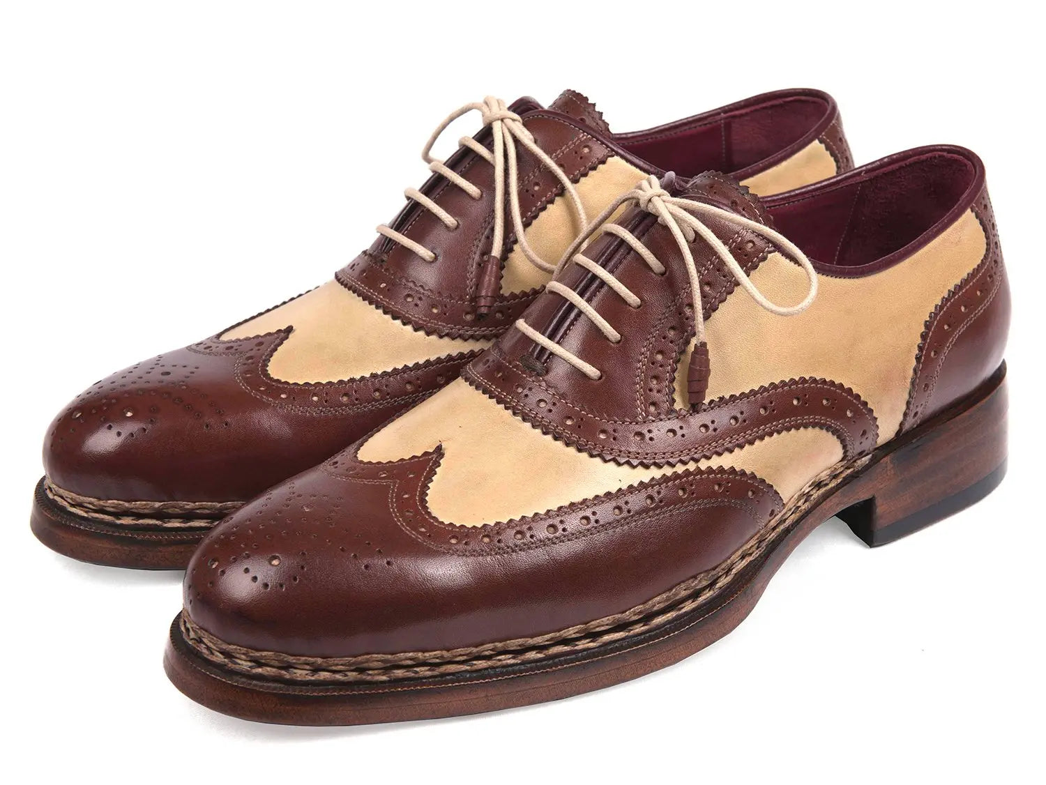 Paul Parkman Men's Beige/Brown Triple Genuine Leather Sole Goodyear Welted Wingtip Brogues (ID#095BEJ) PAUL PARKMAN