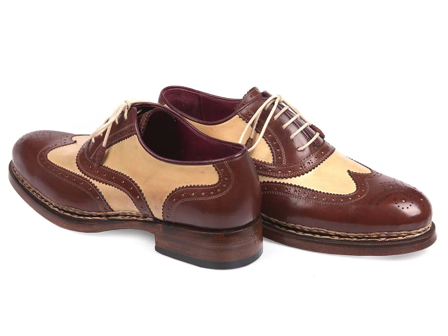 Paul Parkman Men's Beige/Brown Triple Genuine Leather Sole Goodyear Welted Wingtip Brogues (ID#095BEJ) PAUL PARKMAN