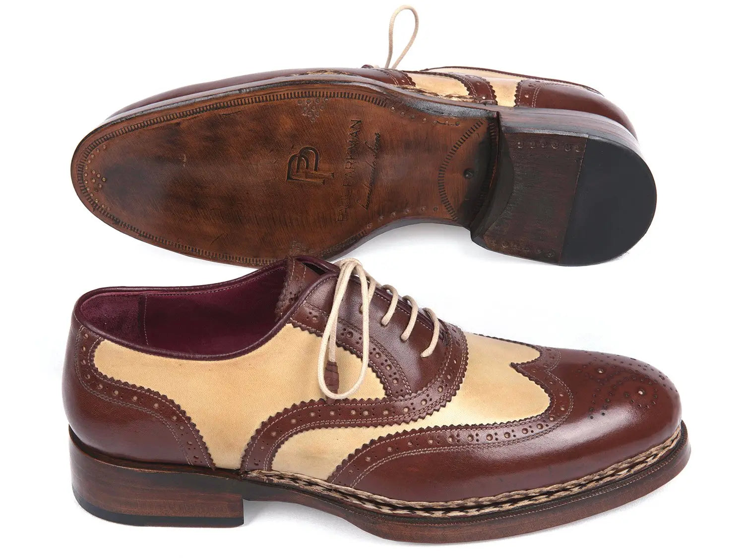 Paul Parkman Men's Beige/Brown Triple Genuine Leather Sole Goodyear Welted Wingtip Brogues (ID#095BEJ) PAUL PARKMAN