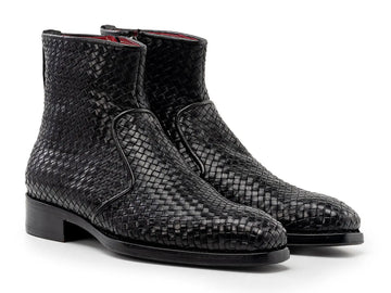 Paul Parkman Men's Black Woven Genuine Leather Goodyear Welted Zipper Boots (ID#BT269BLK) PAUL PARKMAN