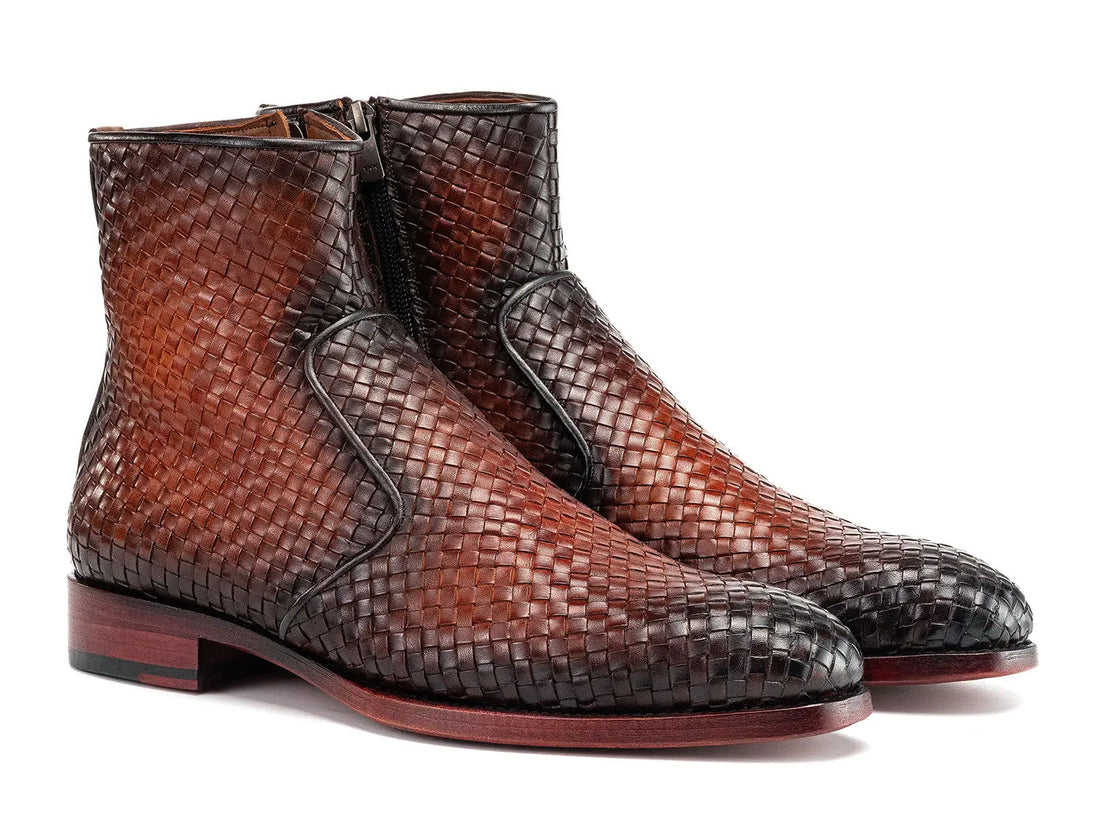 Paul Parkman Men's Brown Burnished Woven Genuine Leather Zipper Boots (ID#BT269BRW) PAUL PARKMAN