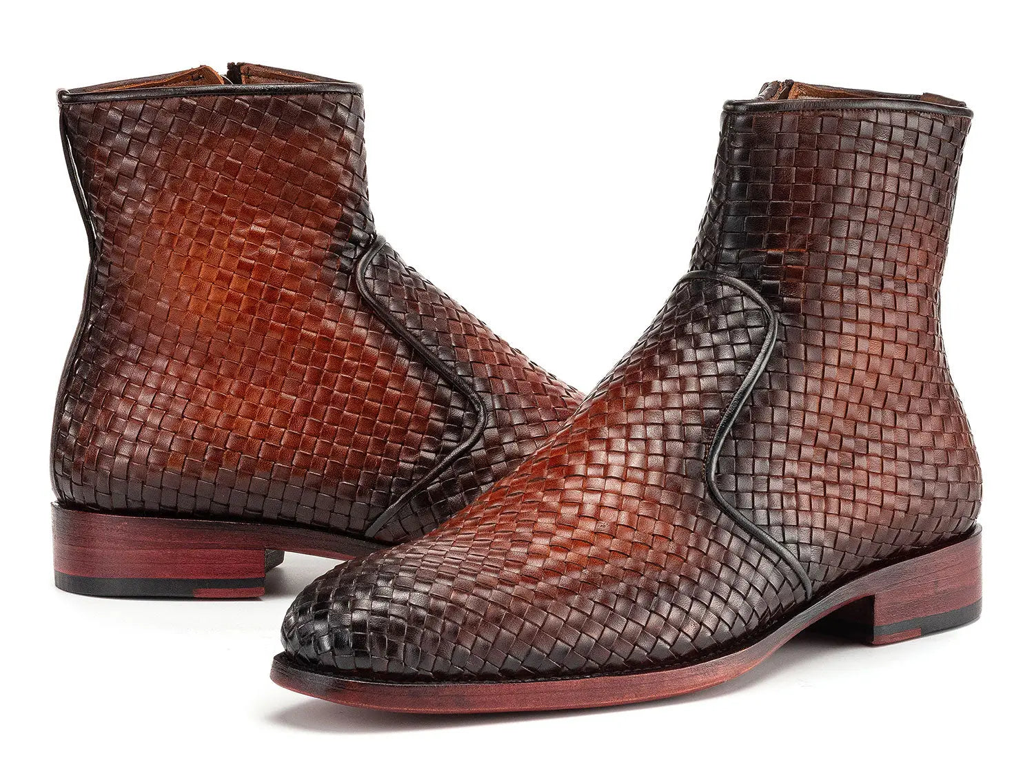 Paul Parkman Men's Brown Burnished Woven Genuine Leather Zipper Boots (ID#BT269BRW) PAUL PARKMAN