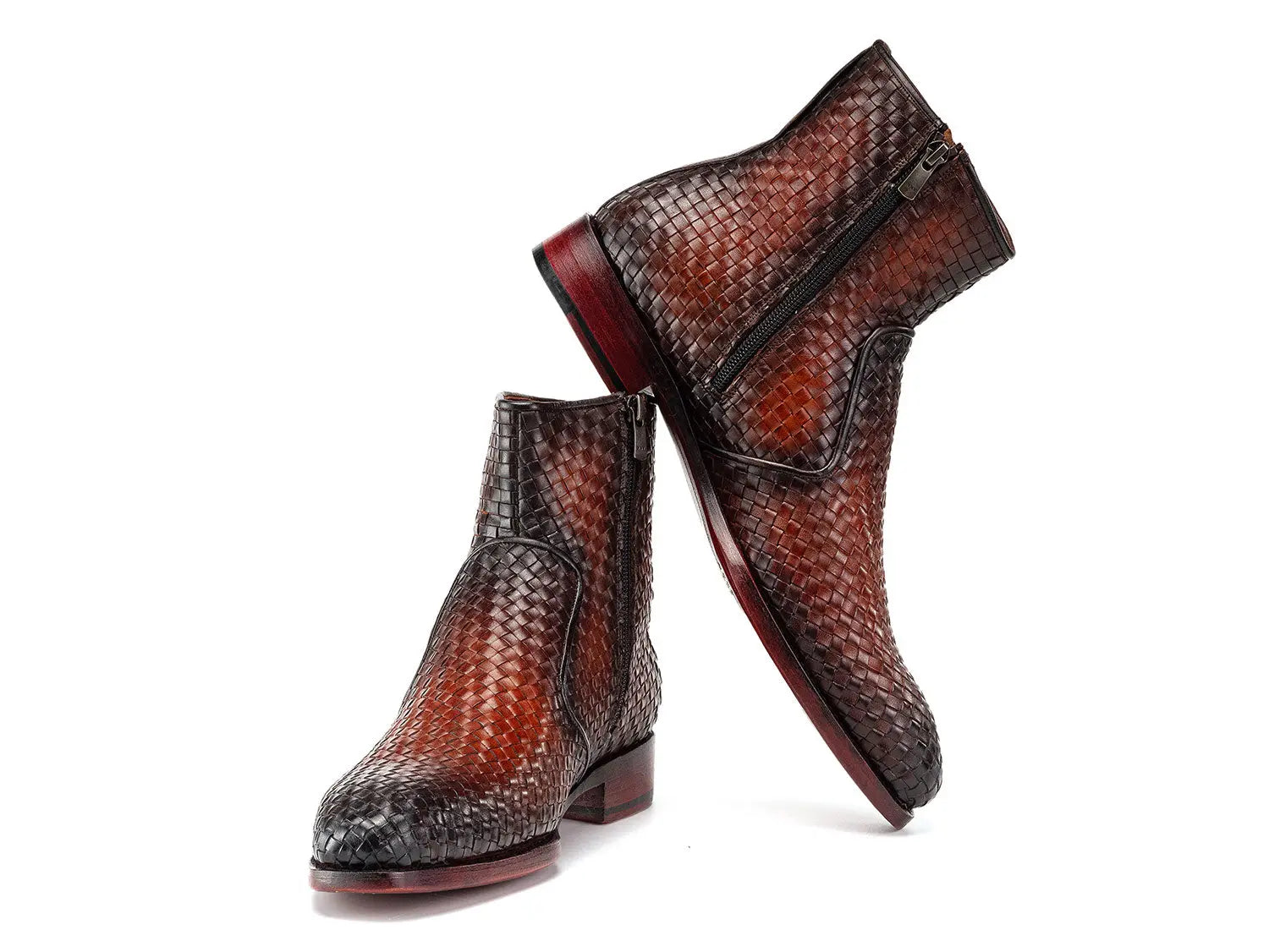 Paul Parkman Men's Brown Burnished Woven Genuine Leather Zipper Boots (ID#BT269BRW) PAUL PARKMAN