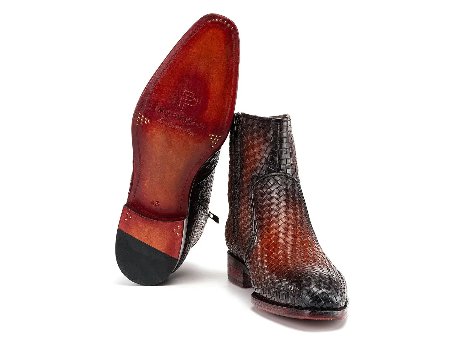 Paul Parkman Men's Brown Burnished Woven Genuine Leather Zipper Boots (ID#BT269BRW) PAUL PARKMAN