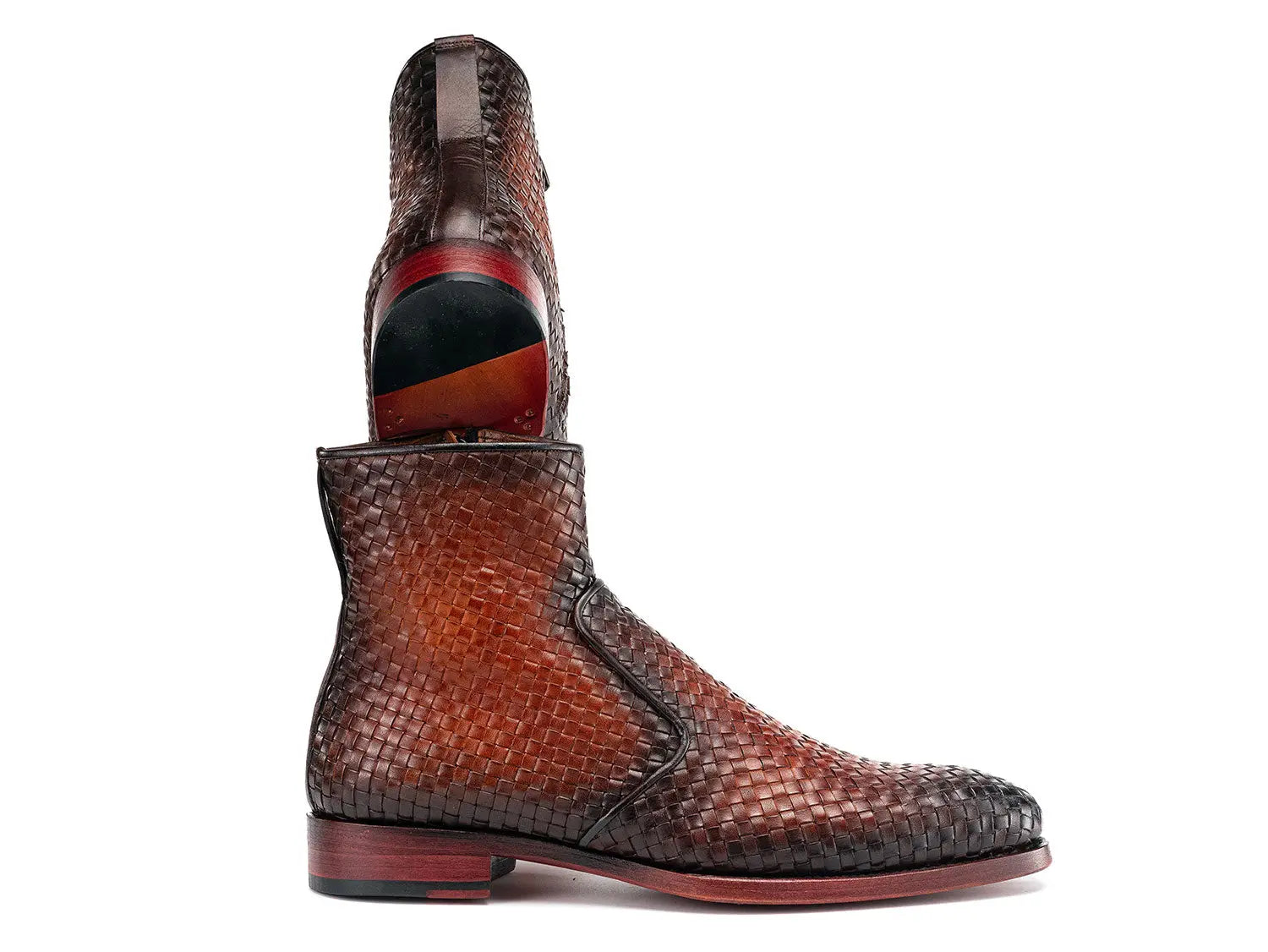 Paul Parkman Men's Brown Burnished Woven Genuine Leather Zipper Boots (ID#BT269BRW) PAUL PARKMAN