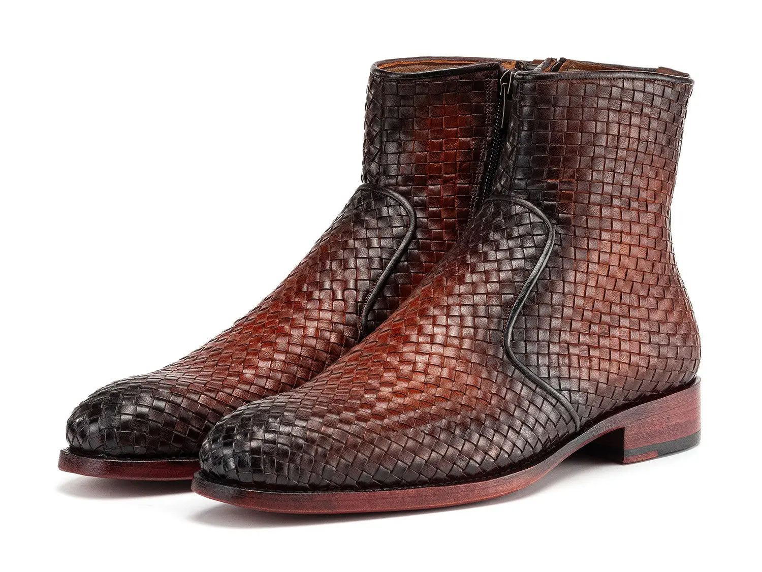Paul Parkman Men's Brown Burnished Woven Genuine Leather Zipper Boots (ID#BT269BRW) PAUL PARKMAN