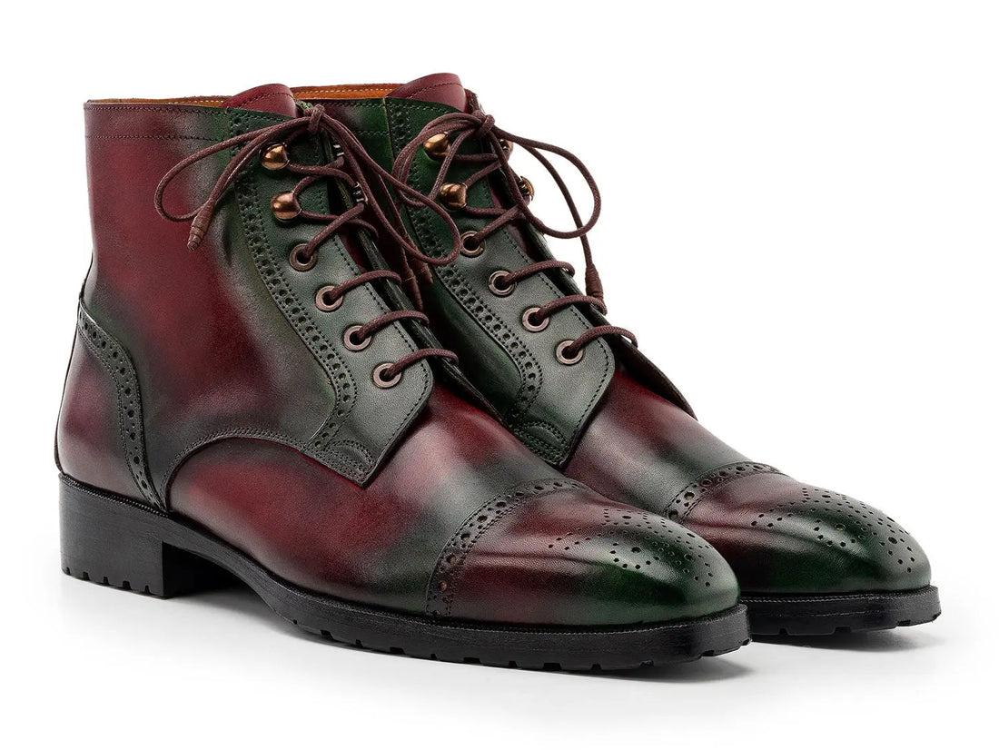 Paul Parkman Men's Green/Brown Hand-Painted Genuine Leather Cap Toe Boots (ID#BT9566-BRG) PAUL PARKMAN