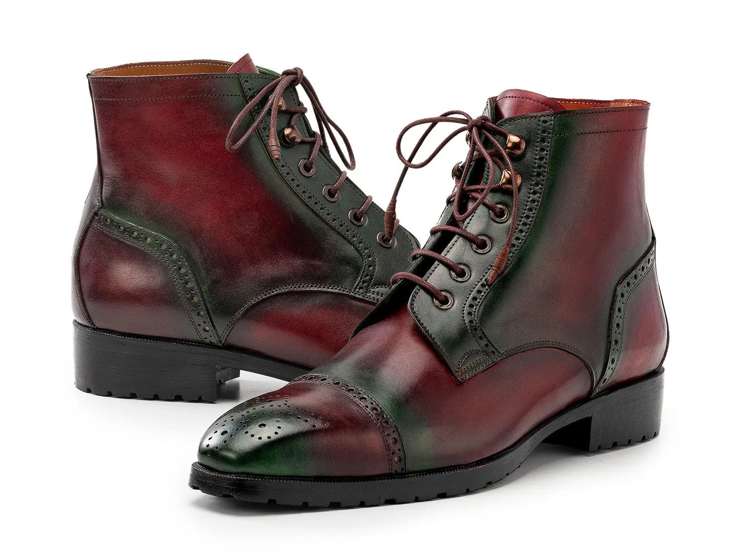 Paul Parkman Men's Green/Brown Hand-Painted Genuine Leather Cap Toe Boots (ID#BT9566-BRG) PAUL PARKMAN