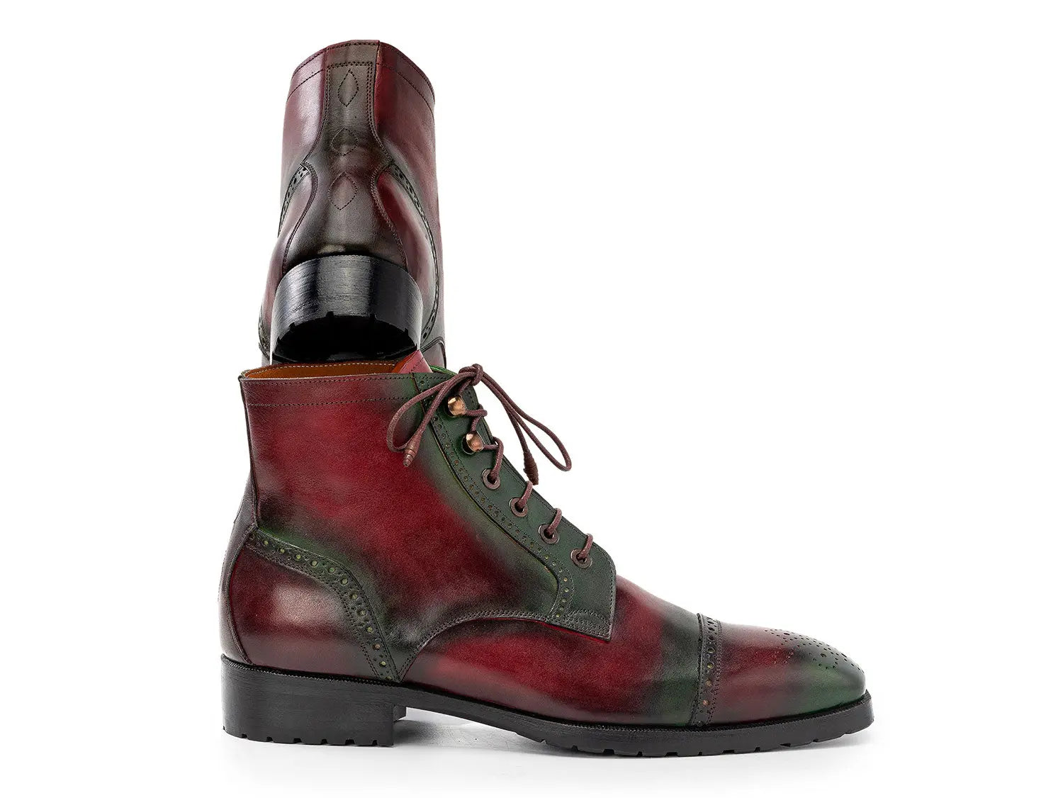 Paul Parkman Men's Green/Brown Hand-Painted Genuine Leather Cap Toe Boots (ID#BT9566-BRG) PAUL PARKMAN